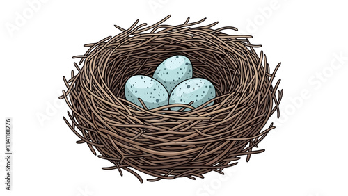 Close-up of a Brown Twig Bird Nest with Three Blue Speckled Eggs Inside