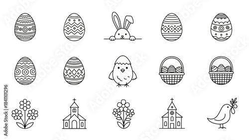 Easter Icons Collection: Eggs, Bunny, Chick, Flowers, Church, Bird, Basket - Vector Set