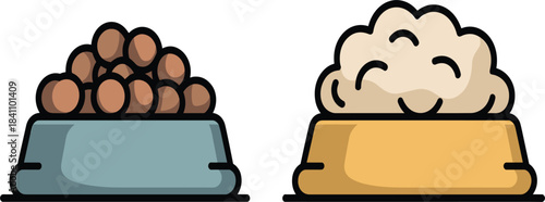Set of two pet food bowls, one with dry kibble, one with wet food, cartoon vector illustration