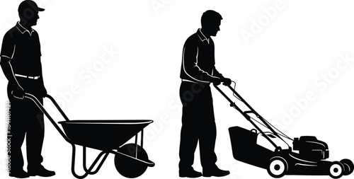 Silhouette of two workers performing outdoor tasks with wheelbarrow and lawnmower, ideal for landscaping, gardening, labor, and maintenance themes