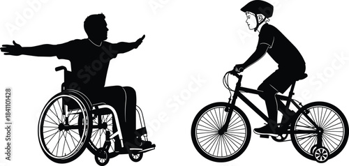 Silhouette of wheelchair user engaging with child on bicycle, representing inclusion, mobility, and accessible outdoor activity in diverse communities