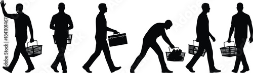 Shopping silhouette sequence showing basket handling, item selection, and customer movement for retail, consumer behavior, and store activity themes