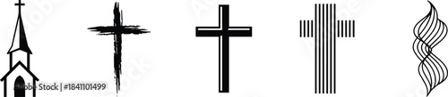 Set of Christian cross and church symbols in various styles, perfect for religion, faith, worship, tradition, and spiritual design