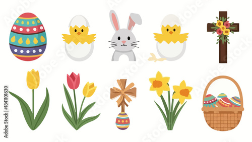 Set of Adorable Easter Holiday Icons and Symbols with Eggs, Chicks, and Bunny