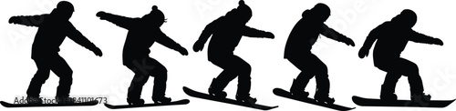 Silhouettes of snowboarder performing aerial trick sequence, showcasing winter sports motion, freestyle technique, and dynamic snowboarding action in cold terrain