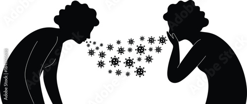 Silhouette of person coughing virus particles toward another figure, illustrating airborne illness transmission, hygiene awareness, and health safety concept