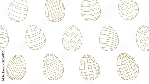 Seamless Pattern of Decorative Easter Eggs with Gold Outline on White Background