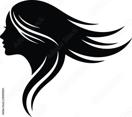 Stylized female profile silhouette with flowing layered hair, ideal for beauty, fashion, haircare branding, logo, and minimalist design themes
