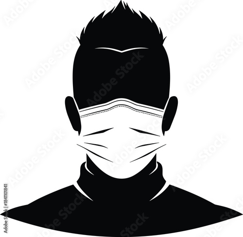 Silhouette of person wearing face mask with spiked hair, symbolizing health safety, protection, and pandemic awareness in modern society