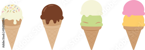 Set of four colorful ice cream cones, chocolate, vanilla, pistachio, strawberry flavors, sweet dessert vector