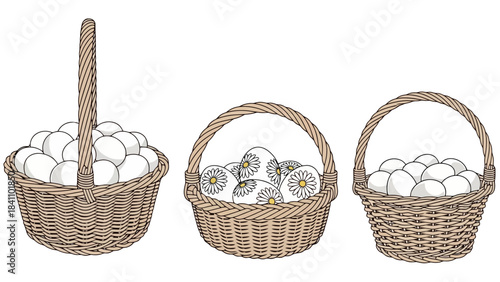 Set of Three Wicker Baskets Filled with White Easter Eggs, Some Decorated