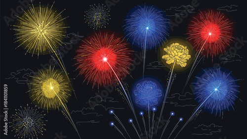 Vibrant Japanese style fireworks illuminate the dark night sky with colorful bursts and floral designs