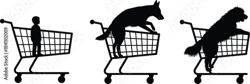 Whimsical silhouette of child and dogs inside shopping carts, perfect for humor, pets, retail, surreal concepts, and vector design themes