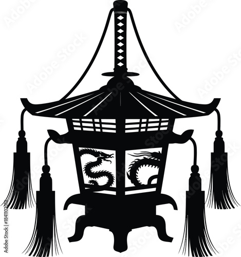 Traditional Asian Lantern Silhouette with Dragon Design in Black-and-White Style