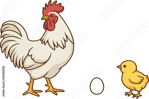 Cartoon rooster, egg, and chick set, farm animals, poultry, life cycle, breeding vector illustration