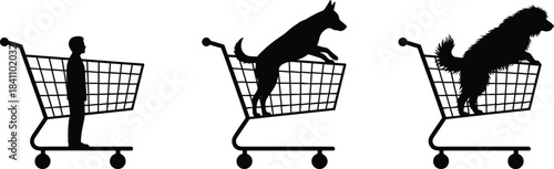 Whimsical silhouette of person and dogs inside shopping carts, ideal for humor, pets, retail, surreal concepts, and vector design themes