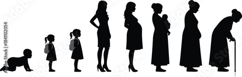 Silhouette sequence of woman’s life stages from baby to elderly, ideal for aging, growth, motherhood, timeline, and development themes