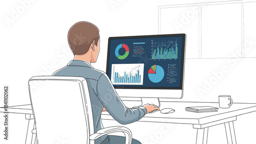 Businessman analyzing complex financial data charts and graphs on a desktop computer screen in office