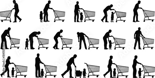 Silhouettes of Adults and Children Interacting with Shopping Carts in Various Poses Representing Family Bonding, Retail Activity, and Consumer Behavior