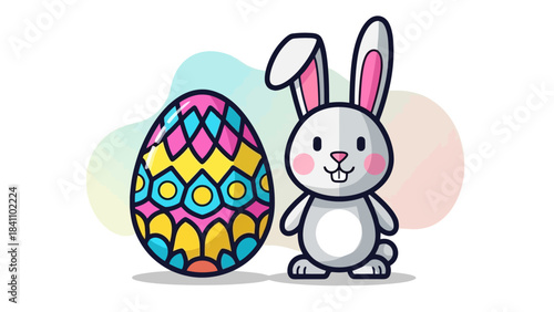 Cute Easter Bunny with Colorful Decorated Egg, Festive Spring Holiday Illustration