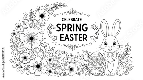 Happy Spring Easter Coloring Page Bunny Rabbit with Egg and Flowers Illustration