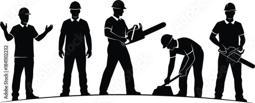 Silhouettes of Construction Workers in Hard Hats Performing Various Tasks with Tools, Representing Labor Roles and Industrial Work Scene