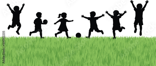 Silhouettes of Children Playing with Ball on Grass Field Representing Outdoor Fun, Social Interaction, and Active Childhood Lifestyle Scene