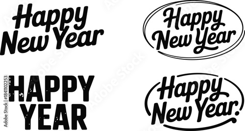Black-and-White Happy New Year Typography Grid with Bold and Script Fonts