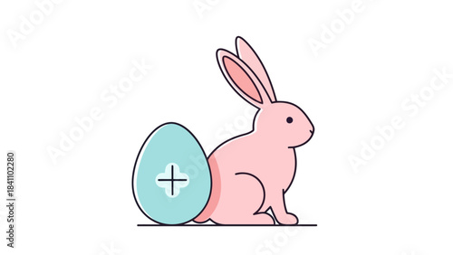 Cute Pink Easter Bunny Sitting Beside a Light Blue Egg with a Plus Sign