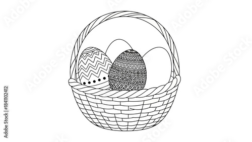 Easter Basket with Three Decorated Eggs Featuring Intricate Patterns, Vector Illustration