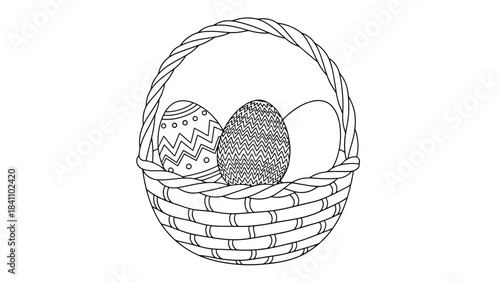 Black and White Easter Basket Filled with Decorated Eggs - Art Illustration