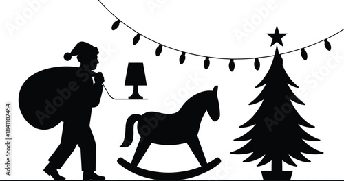 Black Silhouette Christmas Scene Featuring Santa, Tree, Rocking Horse, and Garland