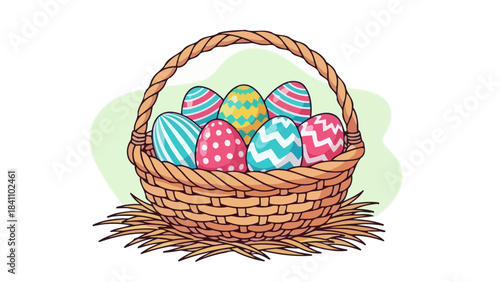 Whimsical Easter Basket Overflowing with Vibrant, Patterned Eggs on Hay Bed