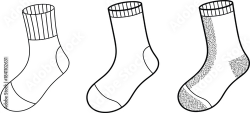 Set of three ankle socks templates, plain, heel, and patterned styles, clothing, footwear vector illustration