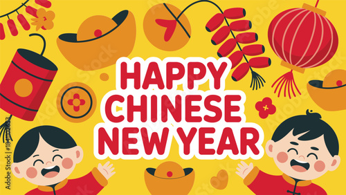 Vibrant Chinese New Year Illustration with Lanterns, Coins, Dumplings, and Cartoon Children