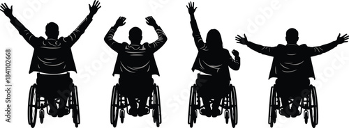 Silhouettes of Wheelchair Users Raising Arms in Celebration, Representing Empowerment, Inclusion, Disability Awareness, and Positive Social Identity
