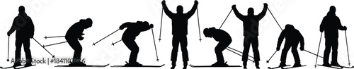 Skiing silhouette sequence showing dynamic motion, athlete posture, and winter sport technique with ski poles and gear in action