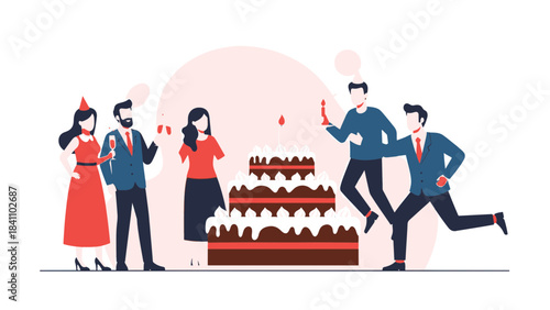 Friends or colleagues celebrating a joyous event with a tiered cake and party accessories in a vibrant flat illustration
