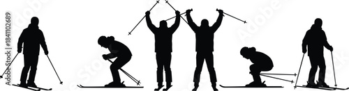 Skiing silhouettes in dynamic poses showing winter sport action, athlete movement, and outdoor recreation with ski gear and poles