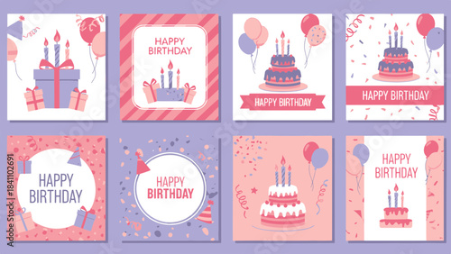 Vibrant illustrated birthday celebration graphics set, showcasing festive cakes, gifts, and balloons for joyful designs.