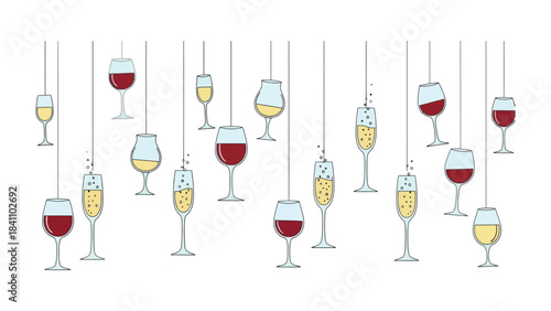 Cheers to Festive Drinks: A cheerful illustration showcases an array of elegant wine glasses, each brimming with celebratory beverages, suspended in a lively display.