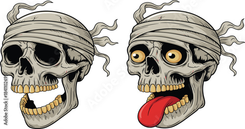 Two cartoon mummy skulls wrapped in bandages, scary Halloween character, screaming face vector illustration