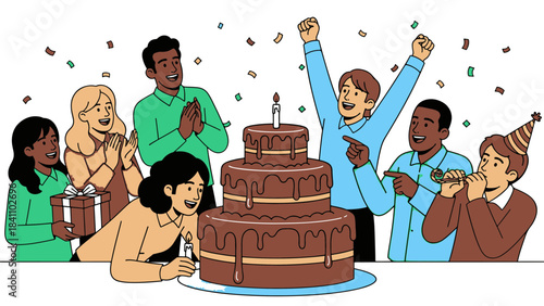 Joyful Celebration: Diverse Group of Friends Enjoying a Lively Birthday Party with a Big Chocolate Cake