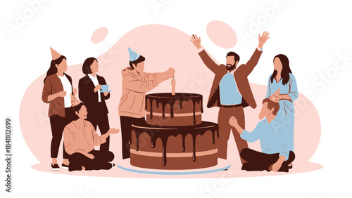 Joyful Group of Friends Celebrating a Birthday Party with a Large Chocolate Cake and Candles