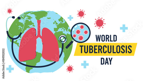Global World Tuberculosis Day Awareness Illustration: Lungs, Stethoscope, Earth, and Microscopic Pathogens Emphasizing Health