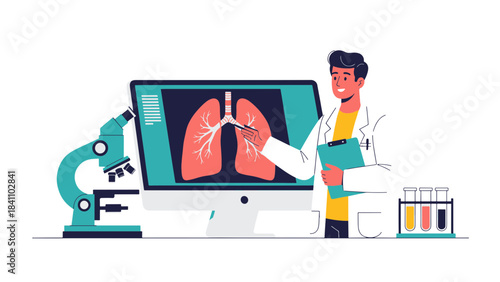Medical professional analyzing human lungs on a computer screen with scientific equipment
