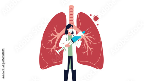 Medical professional with large syringe poised to treat human lungs, conceptual illustration of vaccination or treatment against respiratory virus.