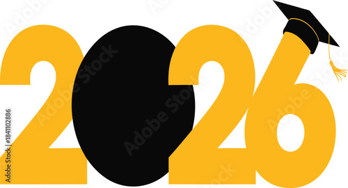2026 Graduation Graphic with Bold Yellow Numbers, Black Cap, and Minimalist Design