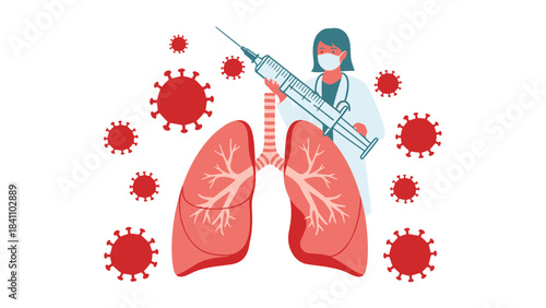 Dedicated medical professional administering treatment with syringe to protect human lungs from widespread viral threat illustration