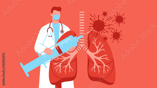 Medical professional in mask holding large syringe to protect human lungs from viral infection, representing healthcare and disease prevention.